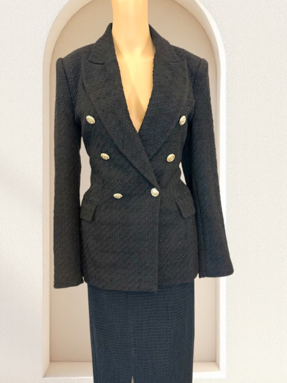 Zara Black Double-Breasted Tweed Blazer with Gold Buttons